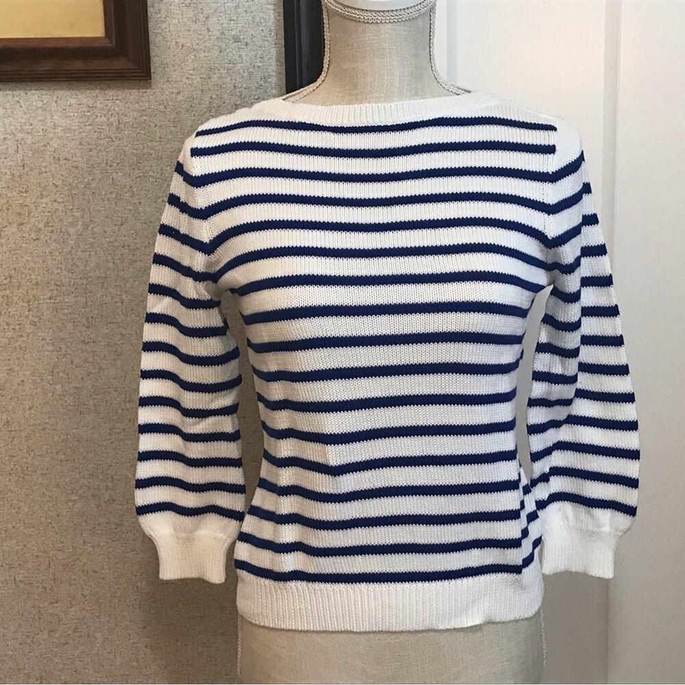 Lauren Ralph Lauren Cotton Blue and White Crew Neck 3/4 Sleeve Sweater Size PS